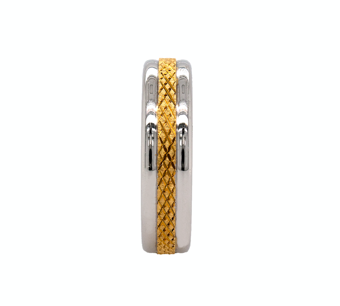 ring, ring on white background, 7mm ring, solid gold ring, mens wedding band, womens wedding band, unisex ring, cross hatch pattern, two-toned ring, domed edges, stackable ring