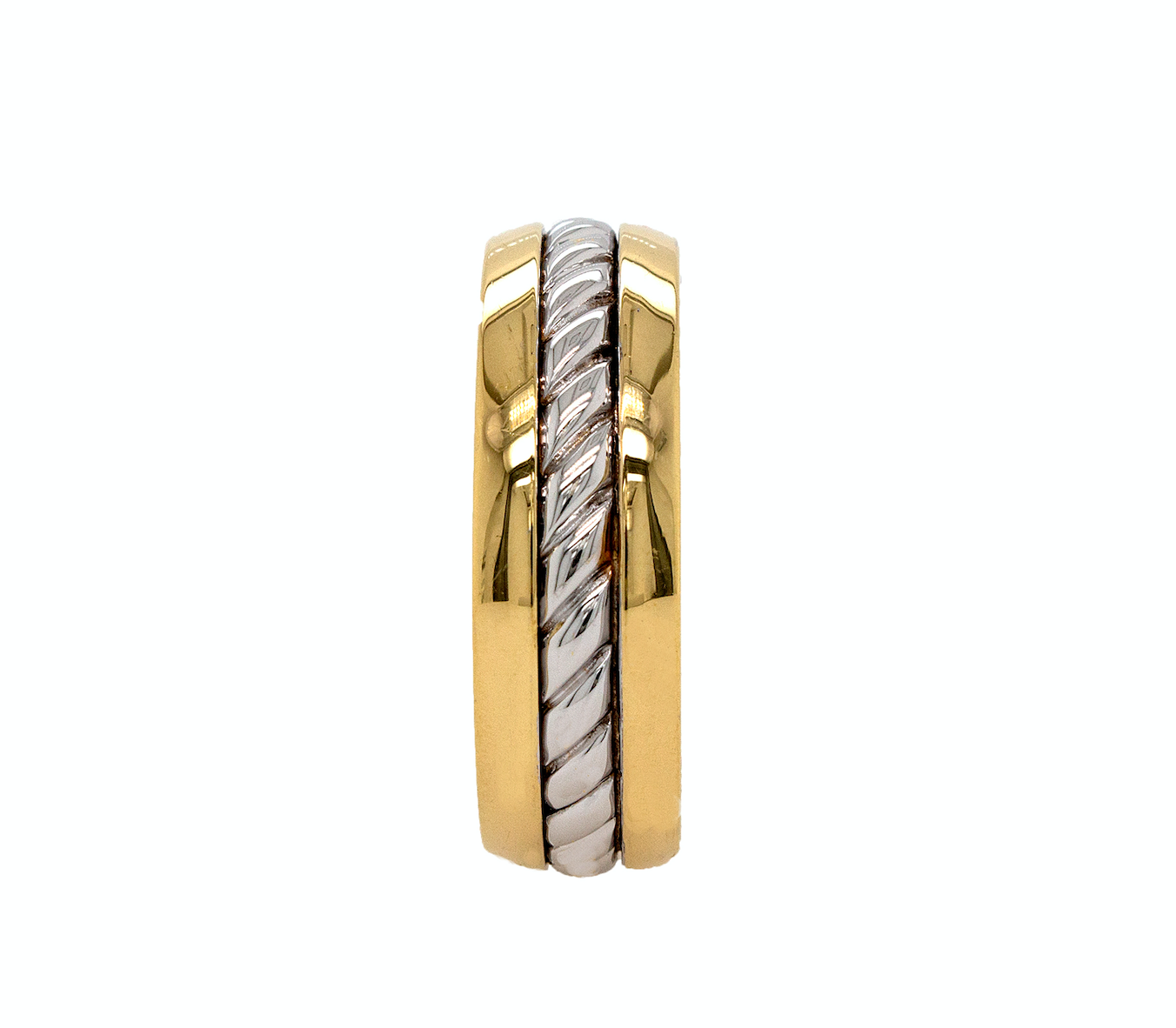 ring, two toned ring, yellow gold ring, white gold ring, polished ring, dome shaped ring, ring on white background, twisted rope inlay, textured ring, mens wedding band, womens wedding band, unisex ring, custom ring