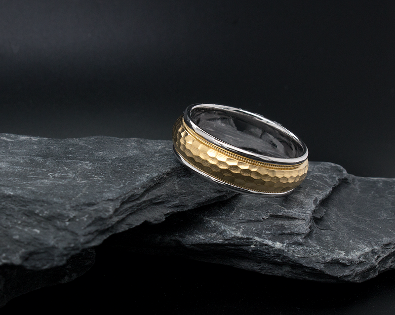 ring, ring on black background, domed ring, solid gold ring, hammered ring, wedding band, unisex ring, stackable ring, textured ring, two toned ring, solid yellow gold ring, white gold ring, 8mm ring