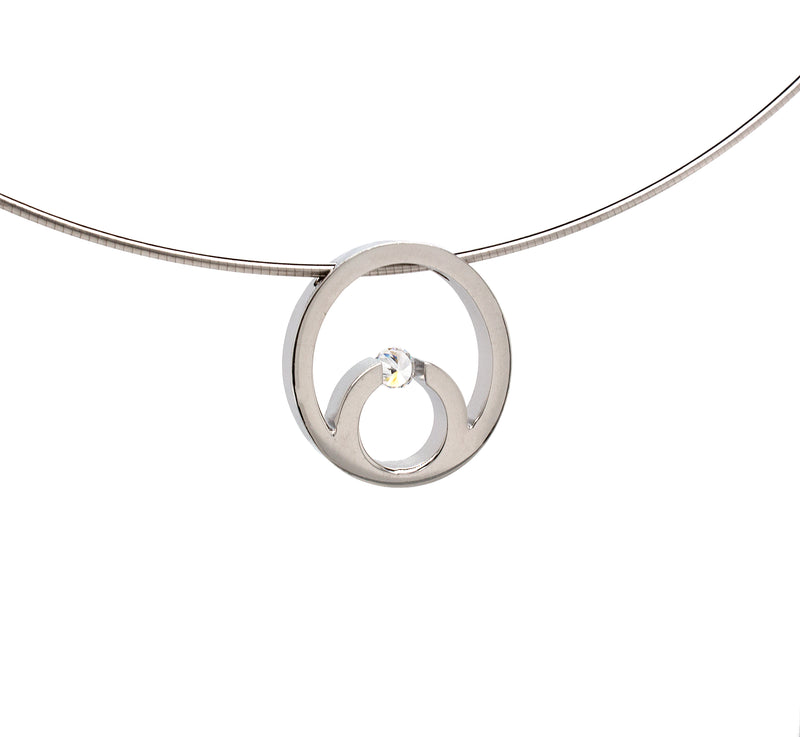 necklace, pendant, stainless steel, round pendant, stainless steel necklace, round shaped necklace, round cut diamond, unisex necklace, modern pendant, solar eclipse necklace