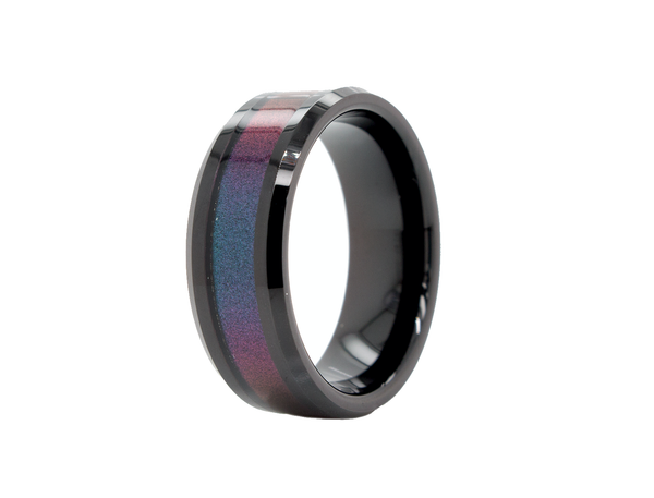 ring, ring with white background, black ring, black plated tungsten, tungsten ring, rainbow ring, gradient ring, purple ring, pink ring, blue ring, wedding band, unisex wedding band  Edit alt text