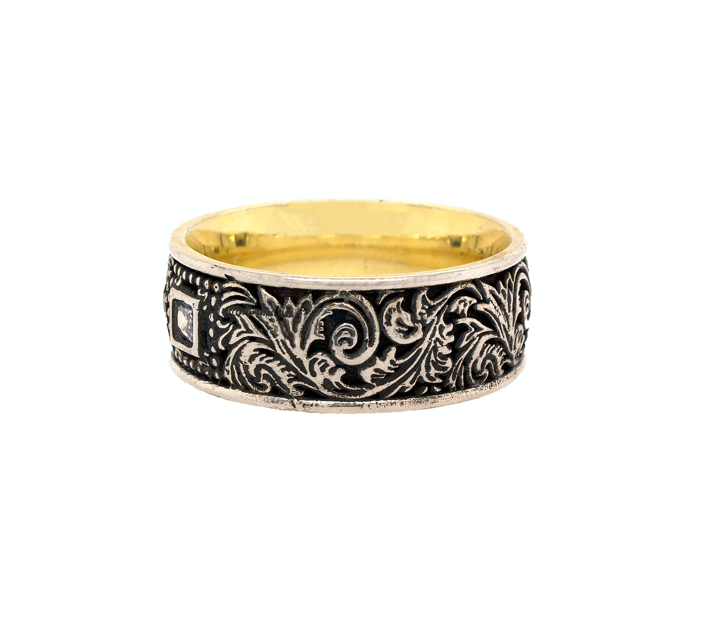 ring, ring on white background, mens rings, women's rings, yellow gold plated ring, oxidized silver ring, diamond ring, square shaped diamond, victorian ring, victorian style engraving, mens rings, women's rings, unique rings, custom ring