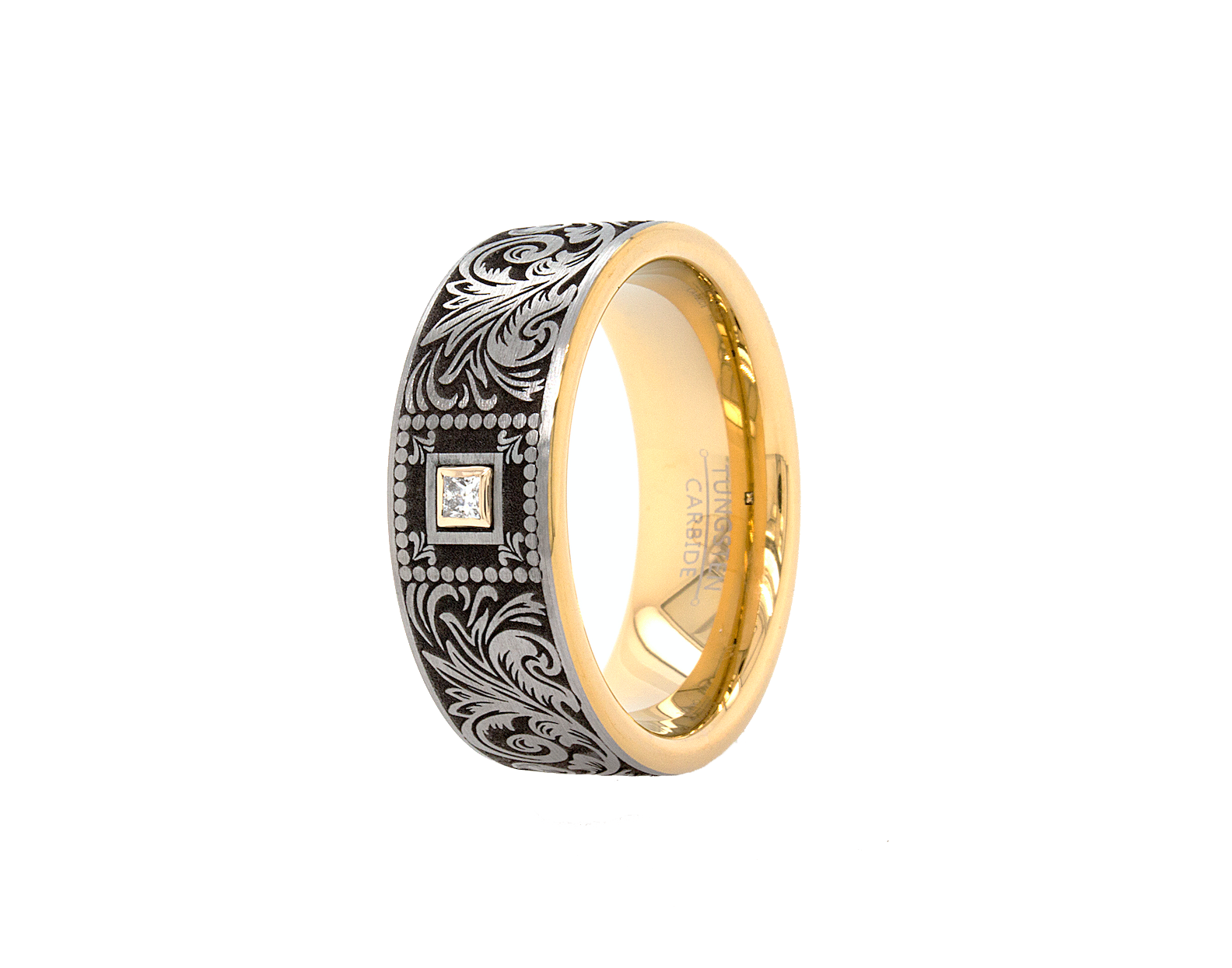 ring, ring with white background, tungsten ring, wedding band, ring with yellow gold plating, yellow gold ring, victorian engraved ring, victorian wedding band, engraved wedding band, personalized wedding band, custom wedding band, brushed finished ring