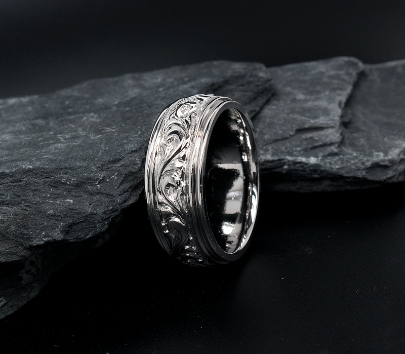 ring, ring on black background, mens wedding band, womens wedding band, victorian style ring, victorian ring, stepped edges, victorian wedding band, silver color ring, unisex ring