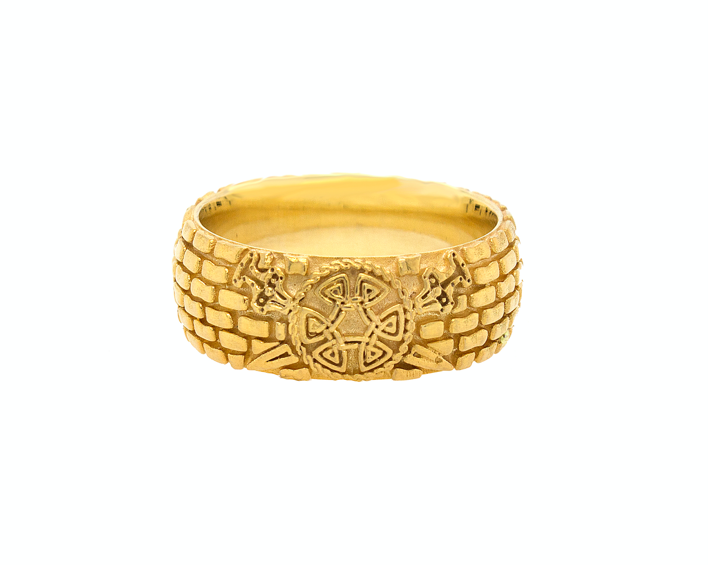 ring, ring on white background, mens ring, women's ring, gold ring, solid gold ring, brick pattern ring, viking shield, swords, axes, yellow gold ring, mens ring, women's ring, 8mm ring, dome shaped ring