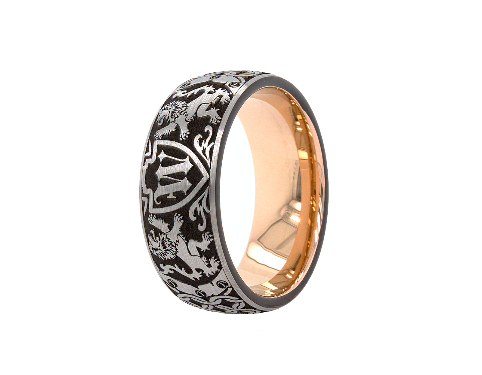 ring, ring on white background, mens ring, womens ring, 8mm ring, dome shaped ring, medieval ring, wedding band, mens wedding band, women wedding band, initial ring, lions, shield