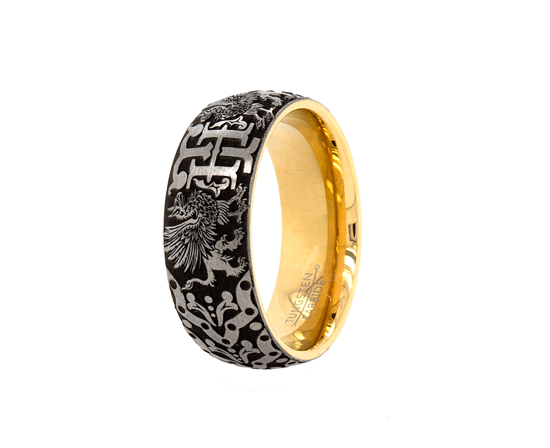 8mm Custom Made Tungsten Ring with Gold Plated Interior, Matte Exterior and Engraved Initials and Medieval Style Designs and Griffins