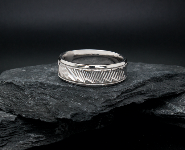 8mm, Flat Shaped, Solid White Gold Ring with Diagonal Grooved Pattern, and Milgrain Detailing