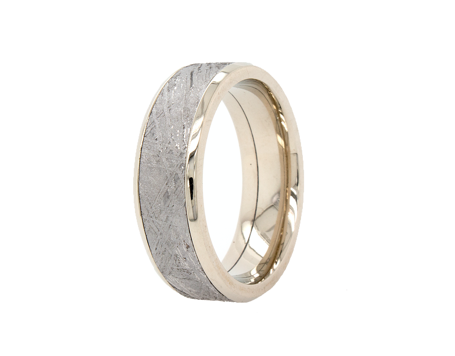 ring, ring on white background, wedding band, mens wedding band, women's wedding band, solid gold ring, white gold ring, meteorite ring, gold ring with meteorite inlay, custom wedding band, personalized ring