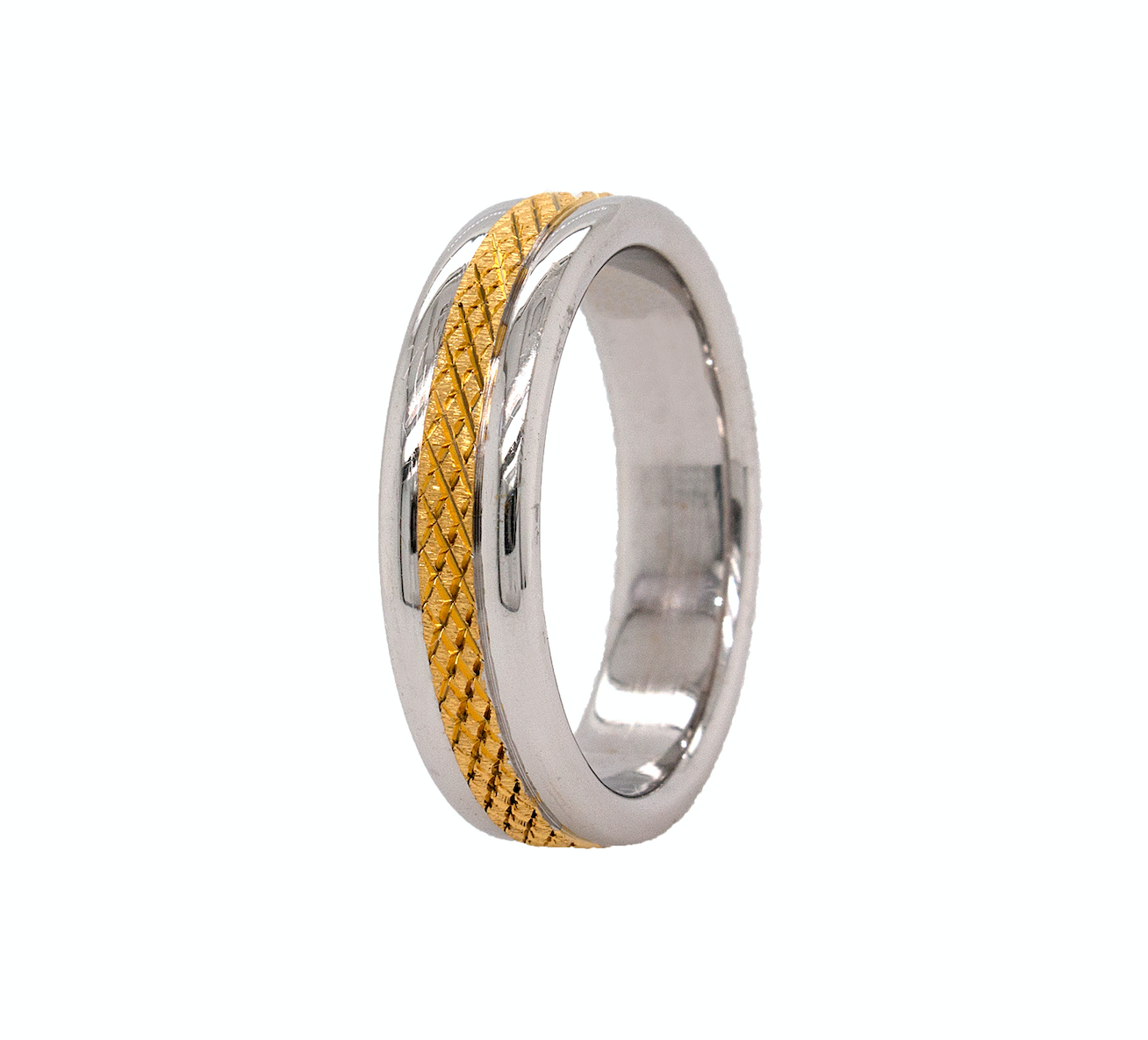 ring, ring on white background, 7mm ring, solid gold ring, mens wedding band, womens wedding band, unisex ring, cross hatch pattern, two-toned ring, domed edges, stackable ring
