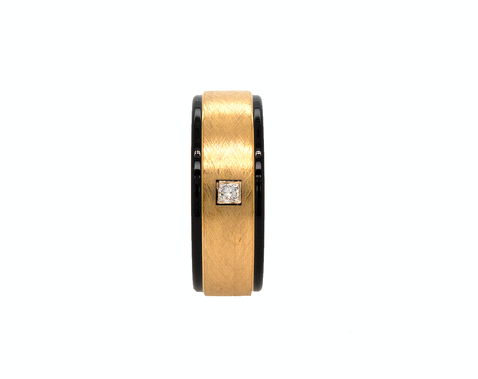 ring, ring on white background, yellow gold ring, black ring, yellow gold plated exterior, black plated edges and interior, square shaped diamond, diamond ring, tungsten ring, textured ring, wedding band, mens wedding band