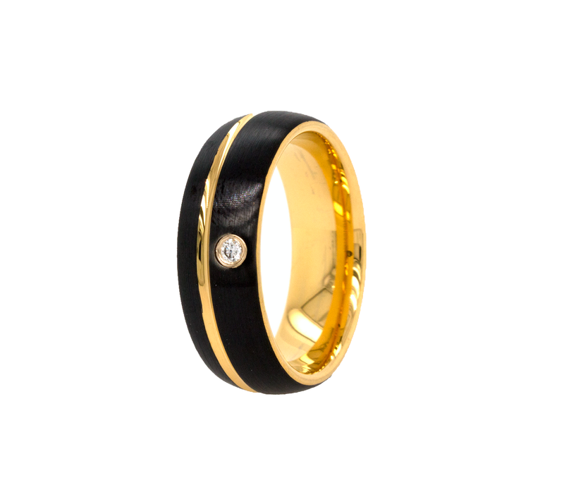 ring, ring on white background, tungsten ring, 8mm ring, dome shaped ring, black tungsten ring, yellow gold plated ring, black ring, yellow gold ring, gemstone ring, diamond ring, diamond wedding band