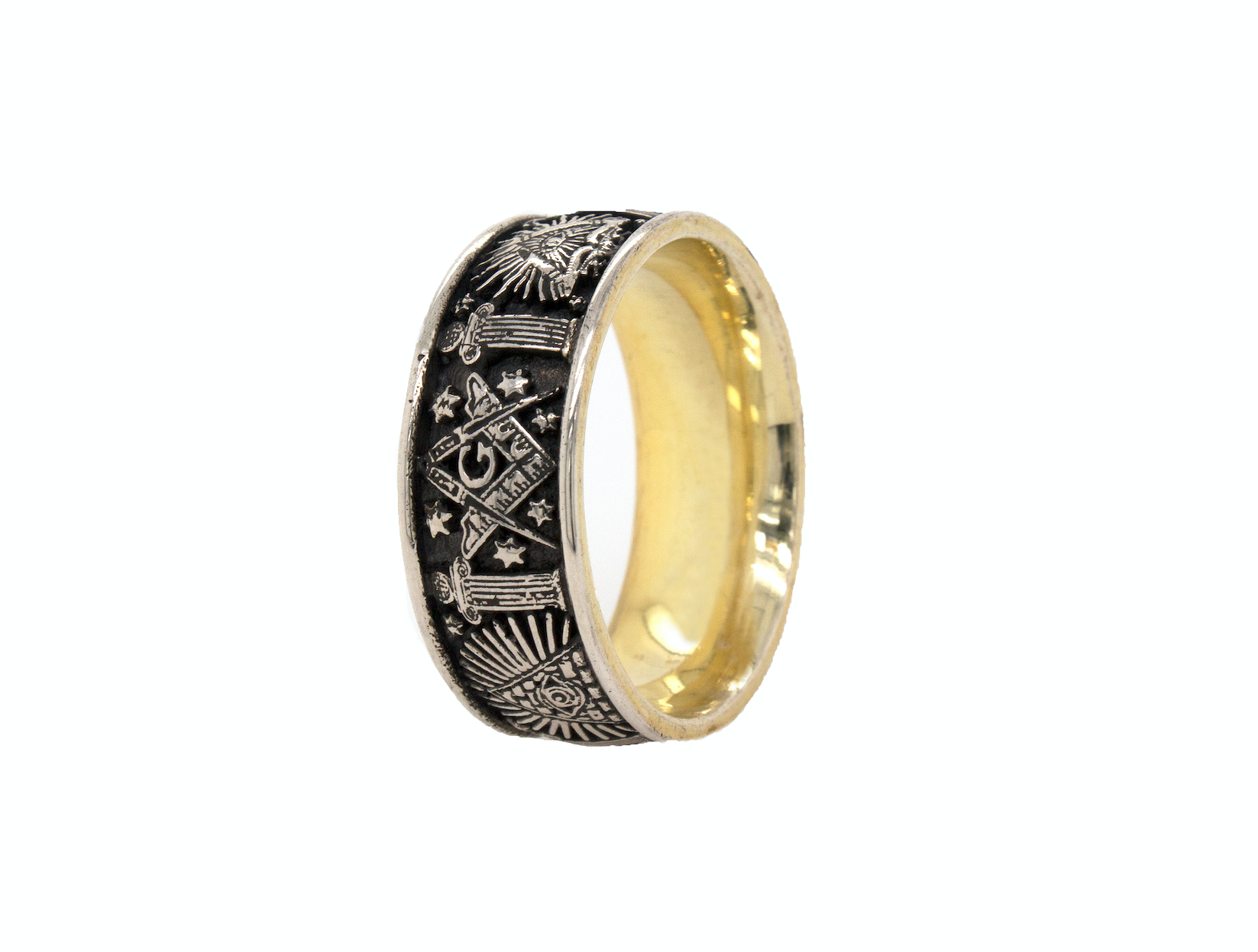 ring, ring on white background, silver ring, sterling silver ring, mens ring, women's ring, yellow gold plated ring, oxidized silver ring, masonic ring, mason symbols, mens mason ring, fashion ring