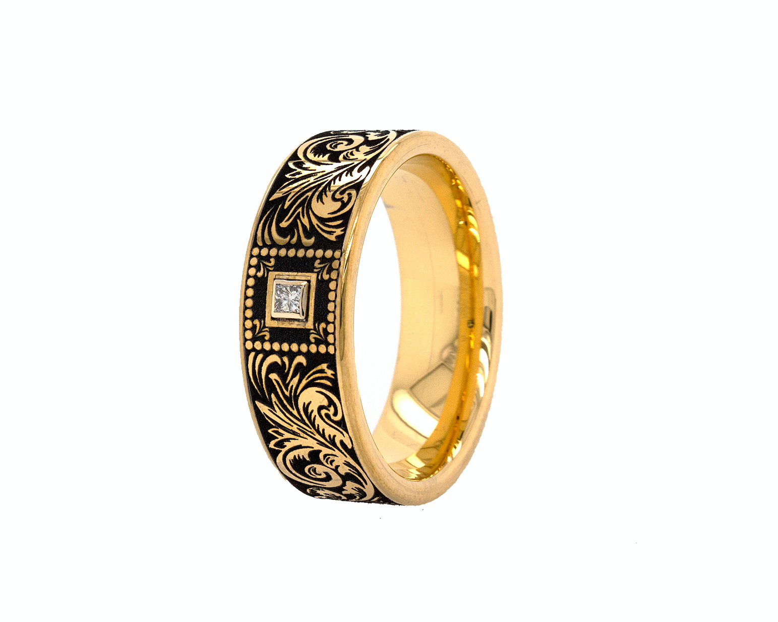 ring, ring with white background, yellow gold plated tungsten, engraved ring, yellow gold plated ring, square shaped ring, diamond ring, wedding band, mens wedding band, women's wedding band