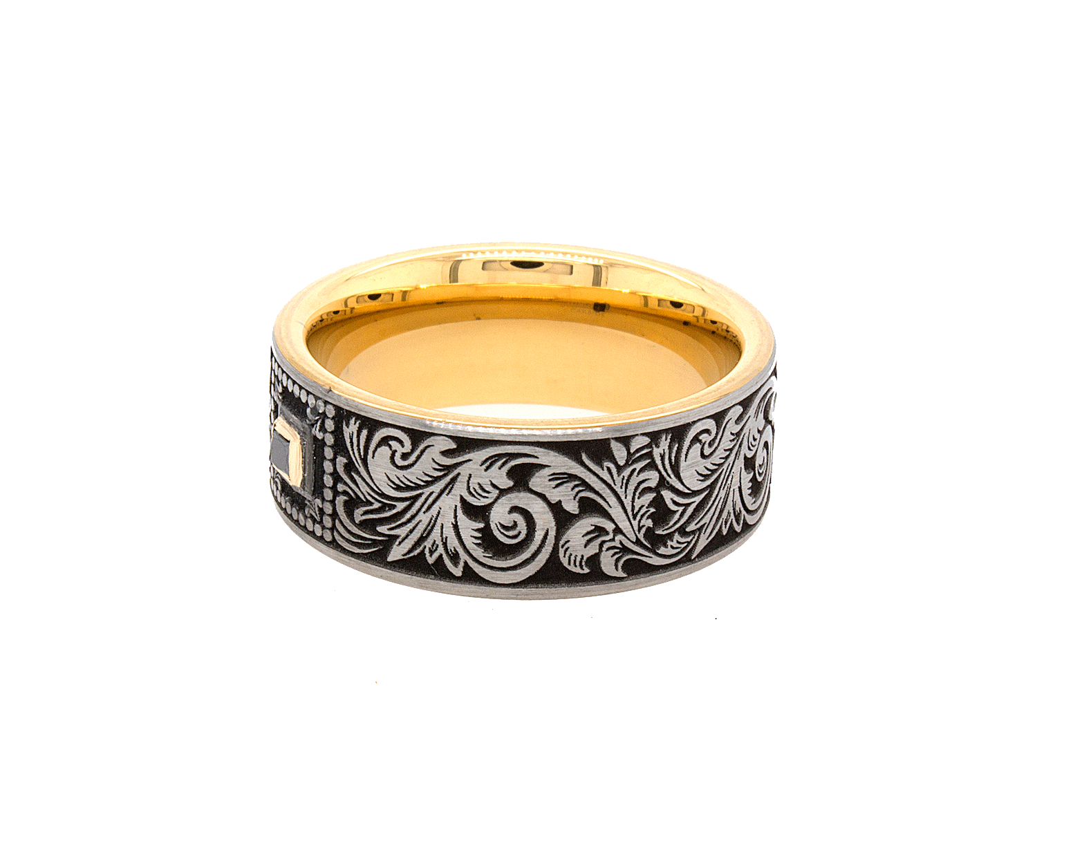 ring, ring with white background, tungsten ring, wedding band, tungsten wedding band, square shaped diamond, black diamond, yellow gold plated tungsten ring, victorian style wedding band, victorian designs