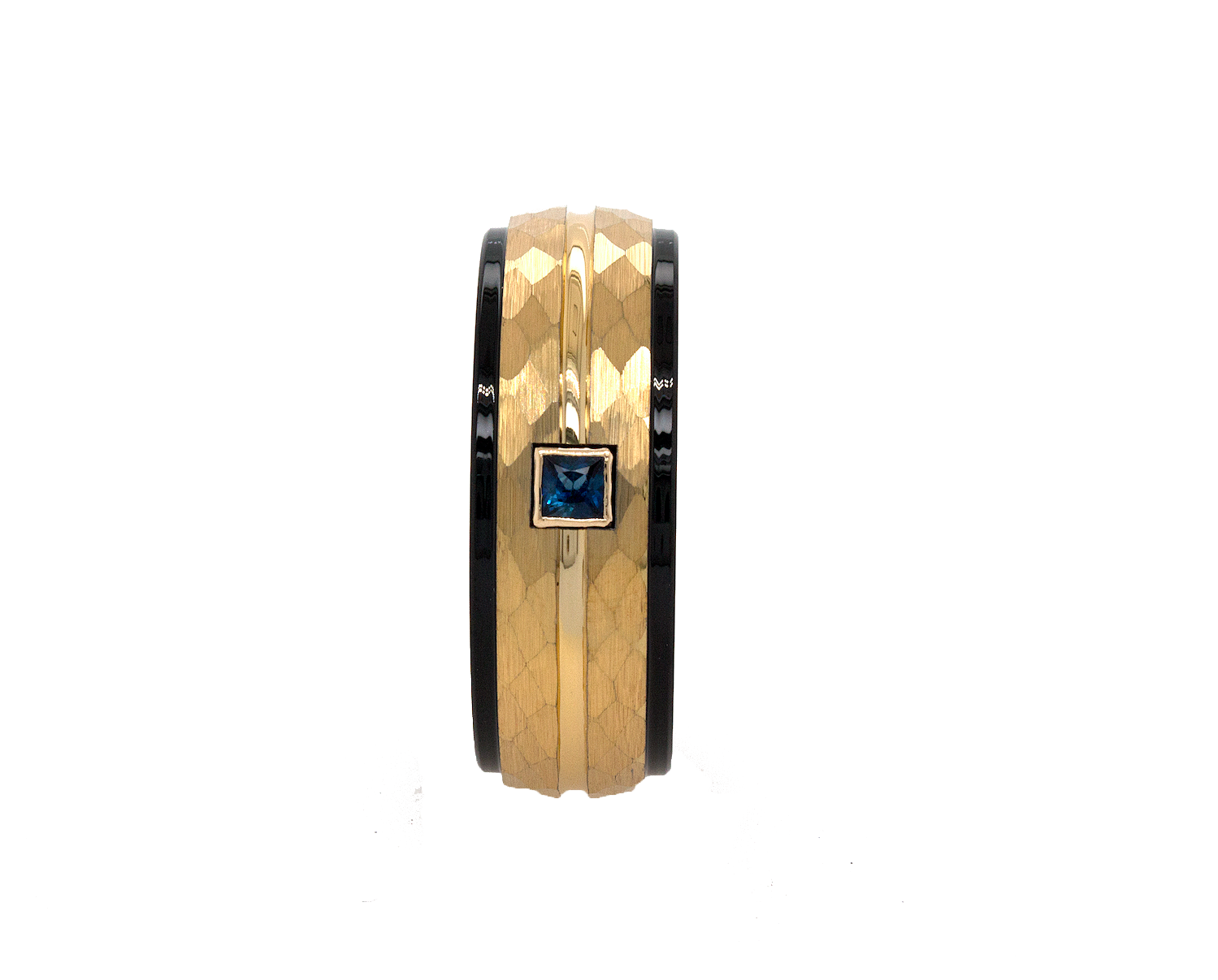 ring, ring on white background, gold plated ring, hammered ring, black and gold ring, black plated interior, gemstone, gemstone ring, sapphire ring, wedding band, mens wedding band, womens wedding band