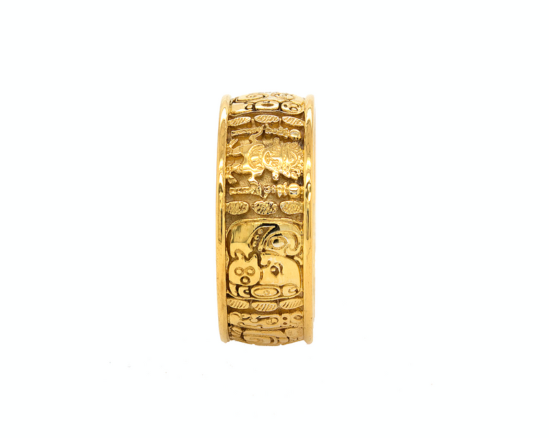 8mm Custom Made, Solid Yellow Gold Ring with Mayan Inspired Symbols